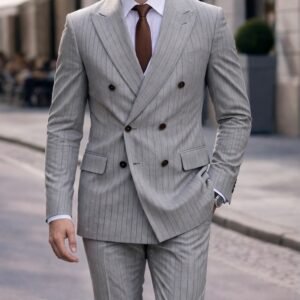 Kostum elegant gri me vija pinstripe, dopiopet