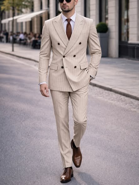 Kostum elegant bezhë me vija pinstripe, dopiopet