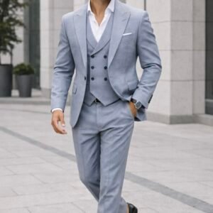 Kostum Gri i Çelët 3-Pjesësh për Meshkuj – Slim Fit, Me Jelek, Elegancë Premium