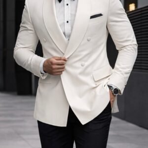 Kostum i Bardhë Premium me Jakë Smoking – Elegancë Luksoze për Evente Speciale