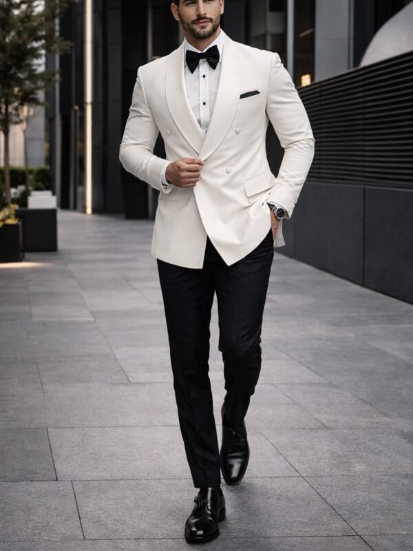 Kostum i Bardhë Premium me Jakë Smoking – Elegancë Luksoze për Evente Speciale