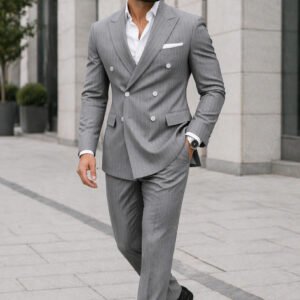Kostum Elegant Gri me Vija të Holla për Meshkuj – Stil Modern & Klasik