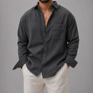 Këmishë Linen Casual me Xhep për Meshkuj<span> - </span>Antracit, L