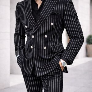 Kostum Elegant me Vija të Holla (Pinstripe) – Dizajn Modern Double-Breasted