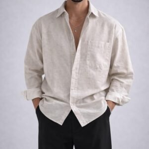 Këmishë Linen Casual me Xhep për Meshkuj<span> - </span>Krem / Off-white, L