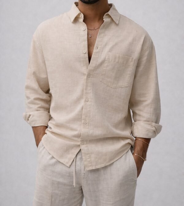 Këmishë Linen për Meshkuj me Xhep – Relax Fit Premium