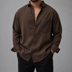Këmishë Linen Casual me Xhep për Meshkuj<span> - </span>Kafe, L