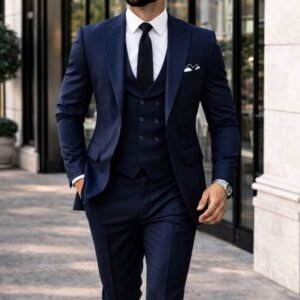 Kostum Navy Blue Premium 3-Pjesësh me Jelek Double-Breasted