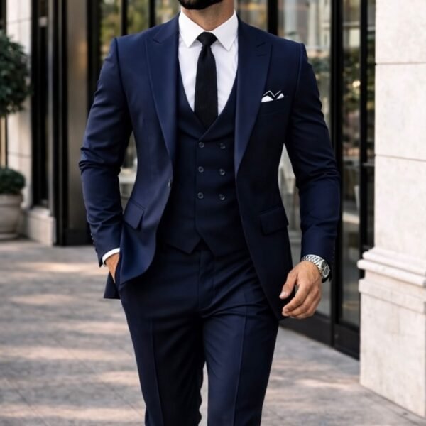 Kostum Navy Blue Premium 3-Pjesësh me Jelek Double-Breasted