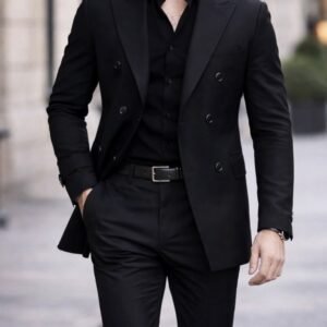 Kostum Premium 3-Pjesësh All Black Double-Breasted