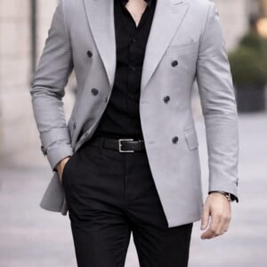 Kostum Premium Double-Breasted Gri e Hapur