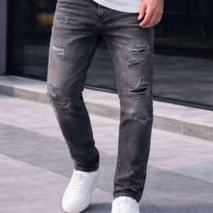 Xhinse Straight Fit Grey Destroyed për Meshkuj