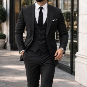 Kostum i Zi Premium 3-Pjesësh me Jelek Double-Breasted