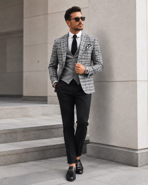 Premium Grey Checkered 3-Piece Suit
