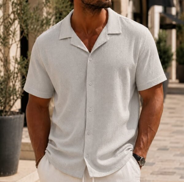 Këmishë Verore Premium me Jakë Cuban – Texture Linen Style