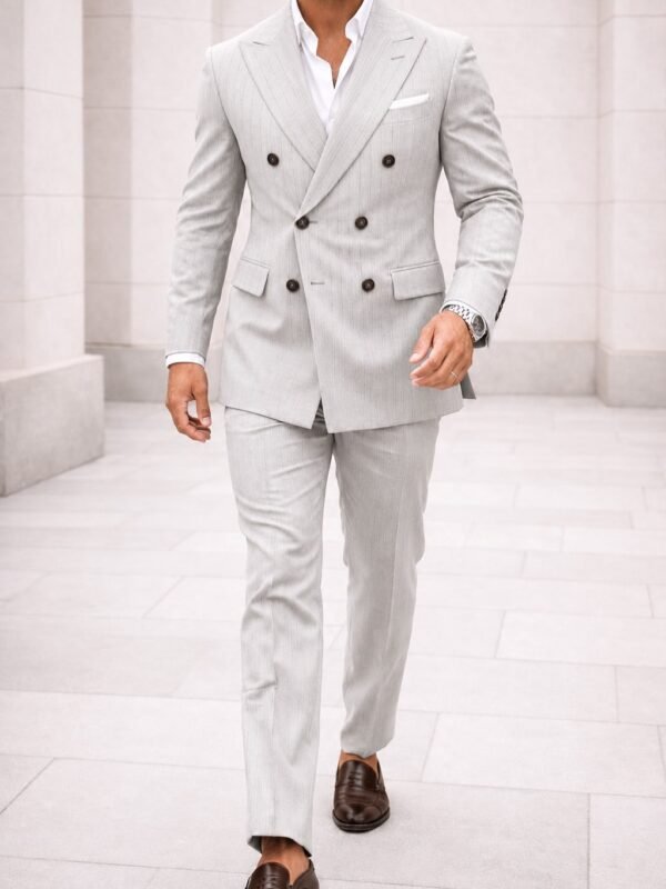 Kostum Premium Double-Breasted Light Grey Pinstripe