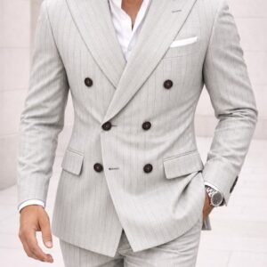 Kostum Premium Double-Breasted Light Grey Pinstripe