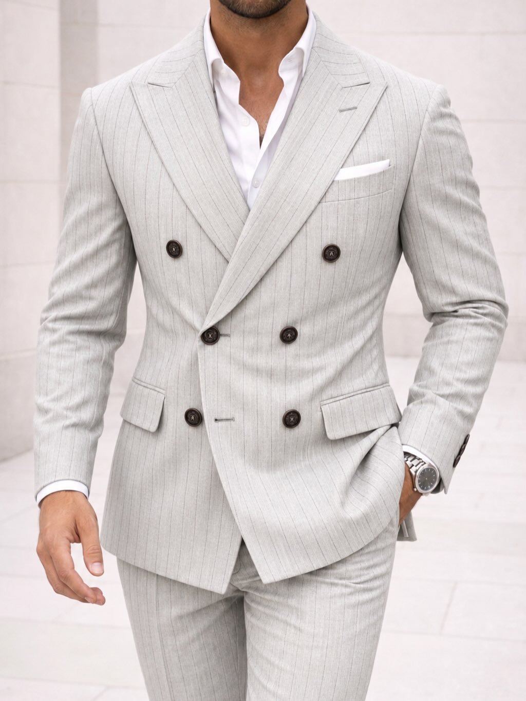 Kostum Premium Double-Breasted Light Grey Pinstripe