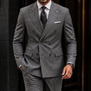 Kostum Premium Grey Pinstripe Double-Breasted Stil Gentleman & Old Money