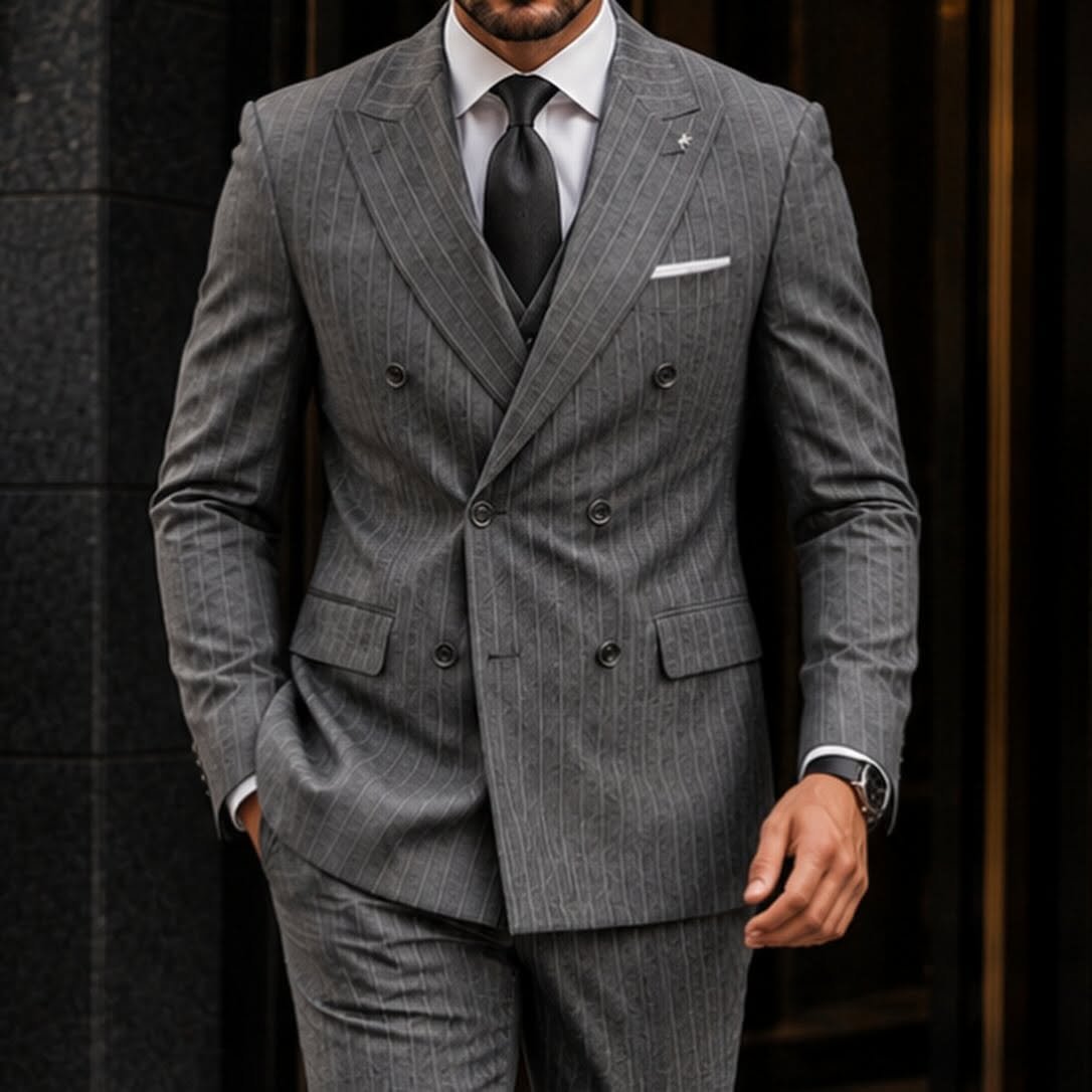Kostum Premium Grey Pinstripe Double-Breasted Stil Gentleman & Old Money