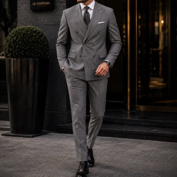 Kostum Premium Grey Pinstripe Double-Breasted Stil Gentleman & Old Money