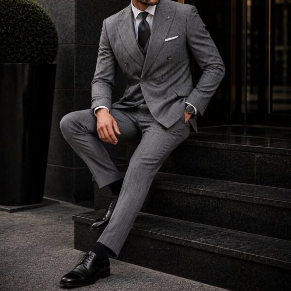 Kostum Premium Grey Pinstripe Double-Breasted Stil Gentleman & Old Money