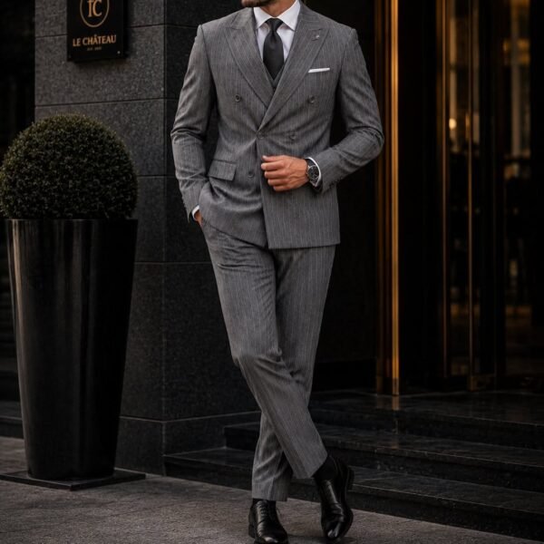 Kostum Premium Grey Pinstripe Double-Breasted Stil Gentleman & Old Money