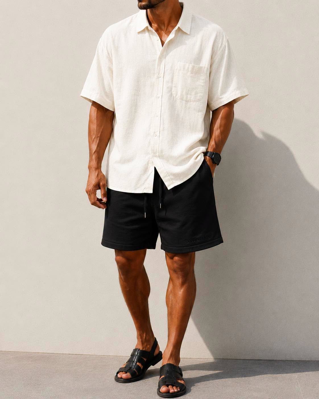 Premium Summer Set – Këmishë Off White & Shorce të Zeza