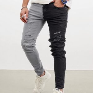 Two-Tone Distressed Slim Jeans – Grey & Black