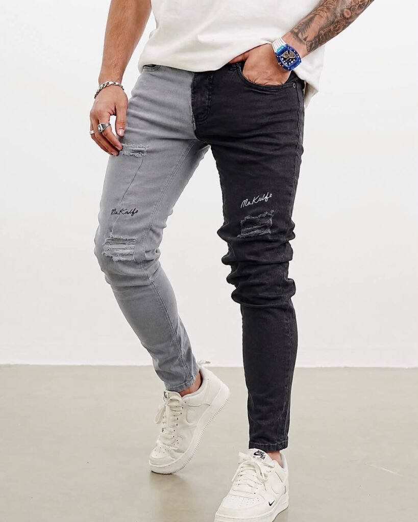 Two-Tone Distressed Slim Jeans – Grey & Black