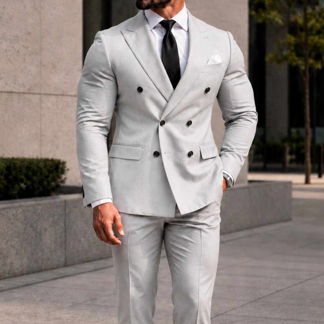 Kostum Premium Light Grey Double-Breasted – Luxury Gentleman Edition