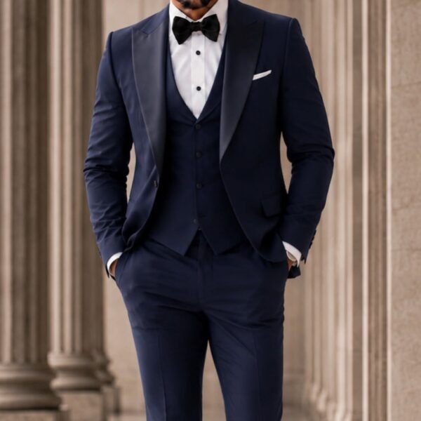 Kostum Premium Navy Blue Tuxedo 3-Piece – Satin Lapel Edition