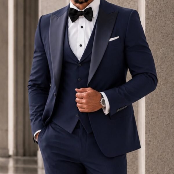 Kostum Premium Navy Blue Tuxedo 3-Piece – Satin Lapel Edition