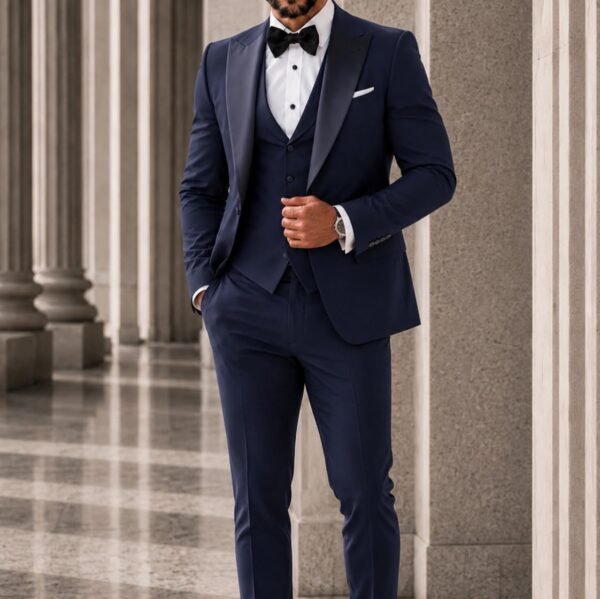 Kostum Premium Navy Blue Tuxedo 3-Piece – Satin Lapel Edition