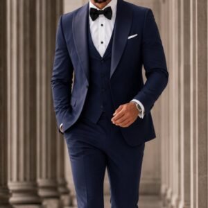Kostum Premium Navy Blue Tuxedo 3-Piece – Satin Lapel Edition