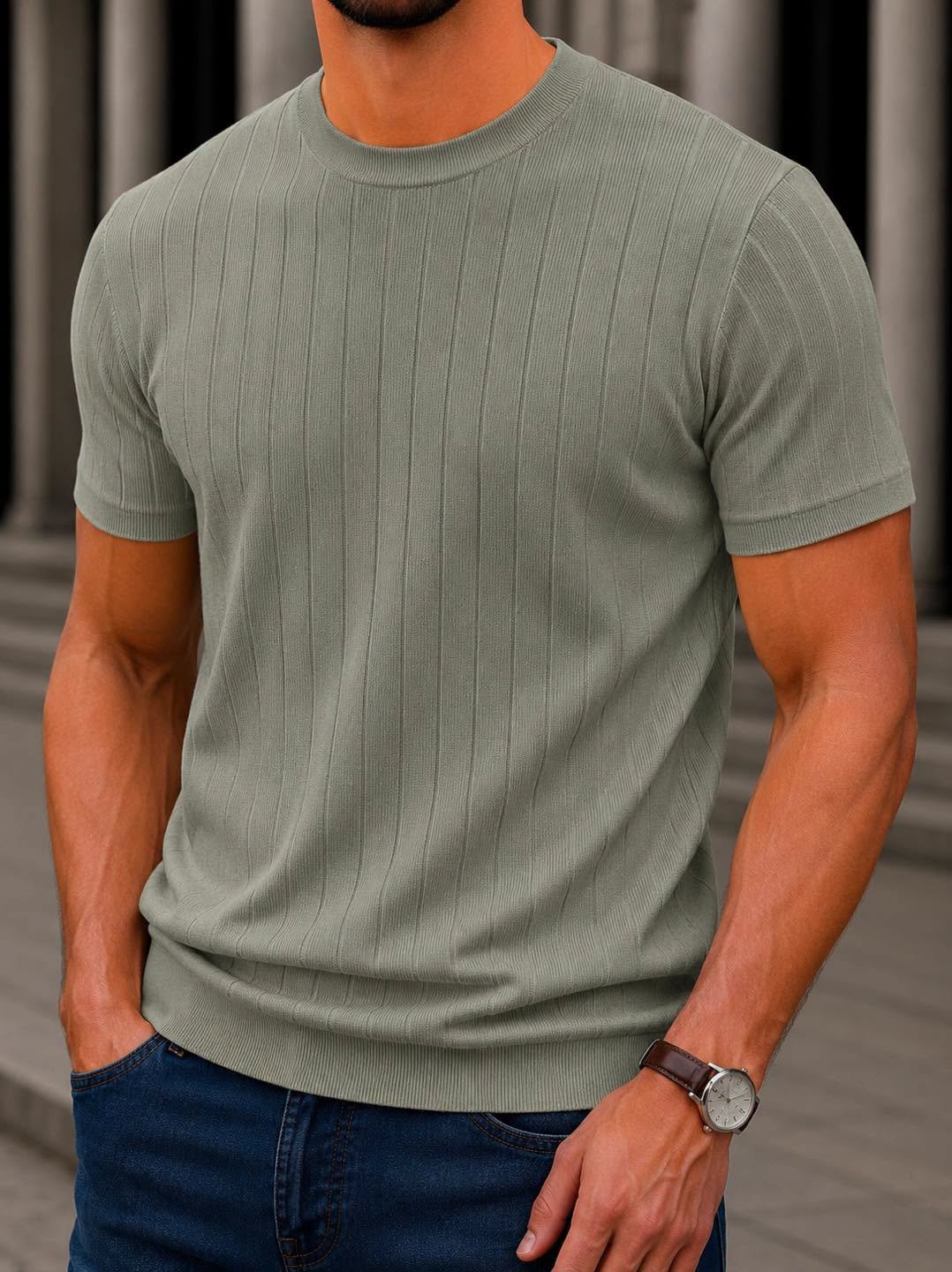 Premium Ribbed Knit T-Shirt – Elegancë Minimaliste