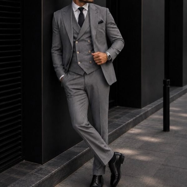 Kostum Premium Grey Pinstripe – 3 Pjesësh Double-Breasted
