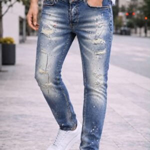Blue Paint Splash Ripped Jeans – Slim Fit