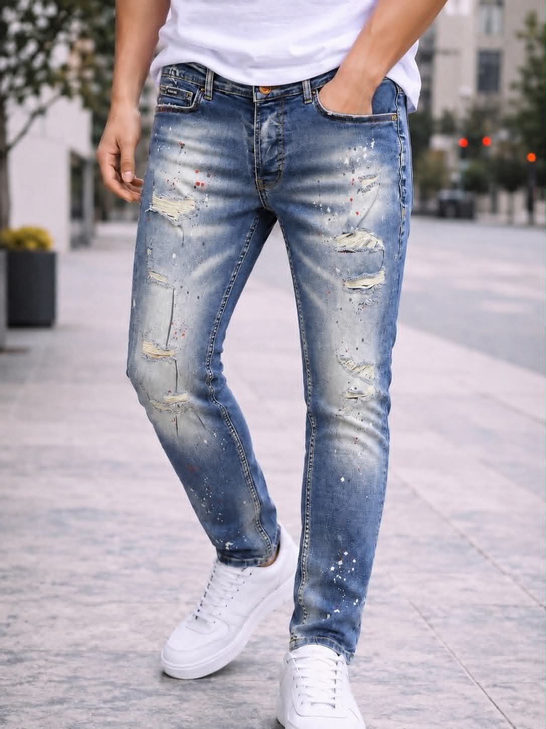 Blue Paint Splash Ripped Jeans – Slim Fit