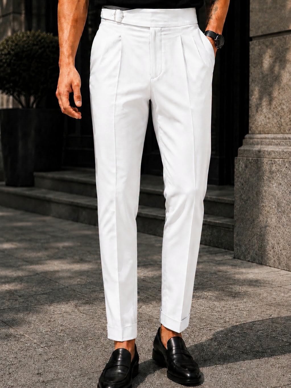 Pantallona Premium Italian Double Button – White Edition 🤍
