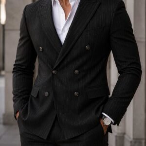 Kostum Premium Double-Breasted Pinstripe – Black