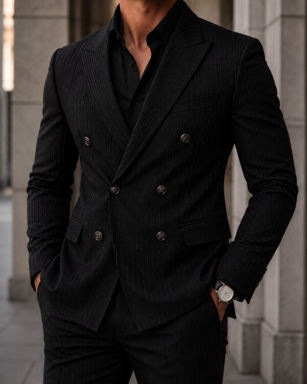 Kostum Premium Double-Breasted Pinstripe – Black