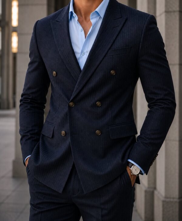 Kostum Premium Double-Breasted Pinstripe – Navy Blue