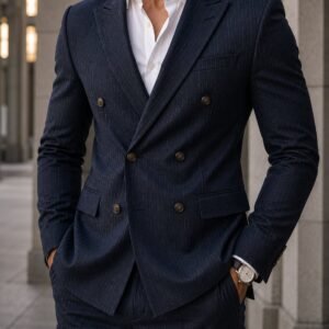 Kostum Premium Double-Breasted Pinstripe – Navy Blue