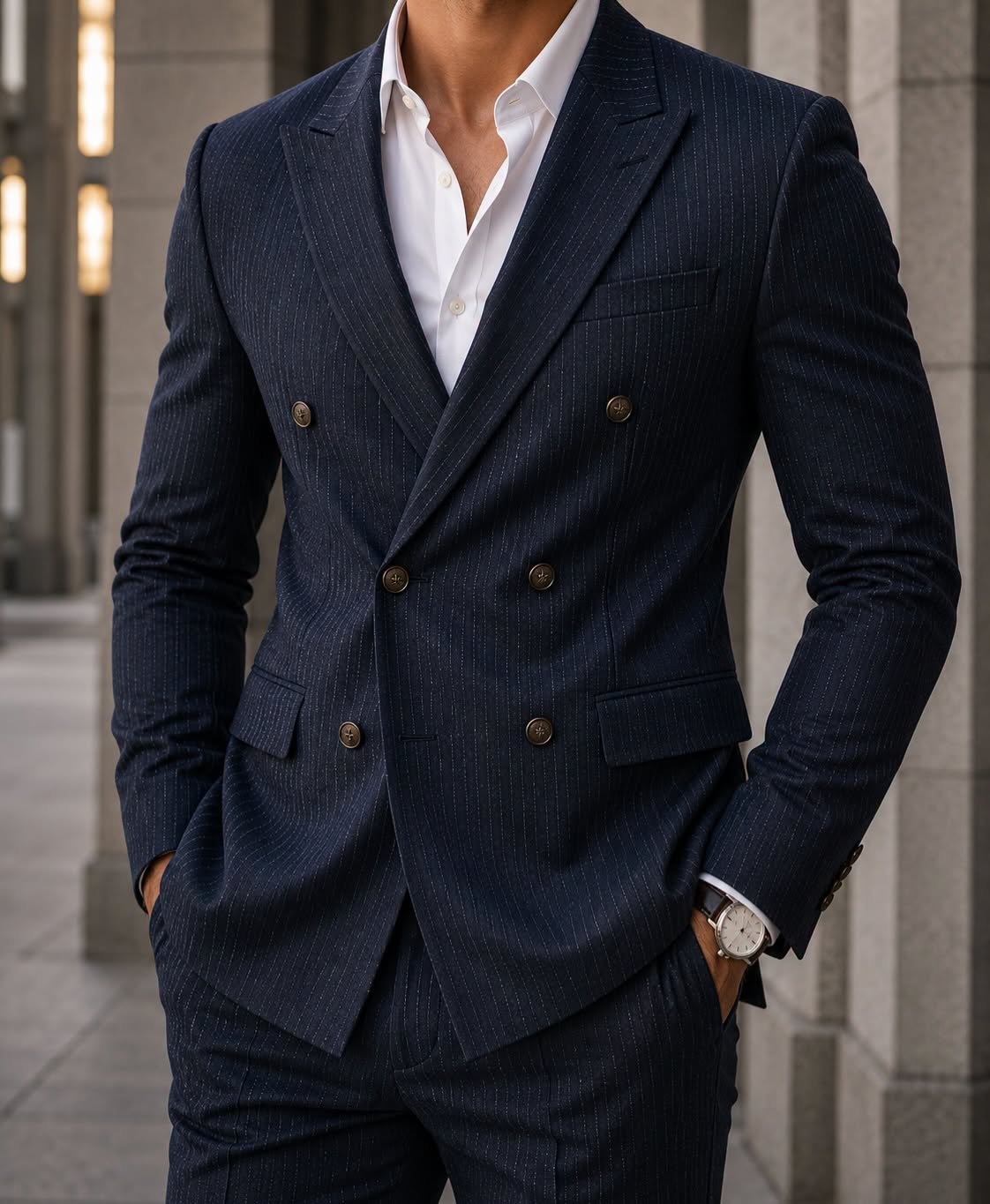 Kostum Premium Double-Breasted Pinstripe – Navy Blue