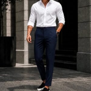 Premium White Shirt & Navy Tailored Trousers Set – Modern Business Elegance