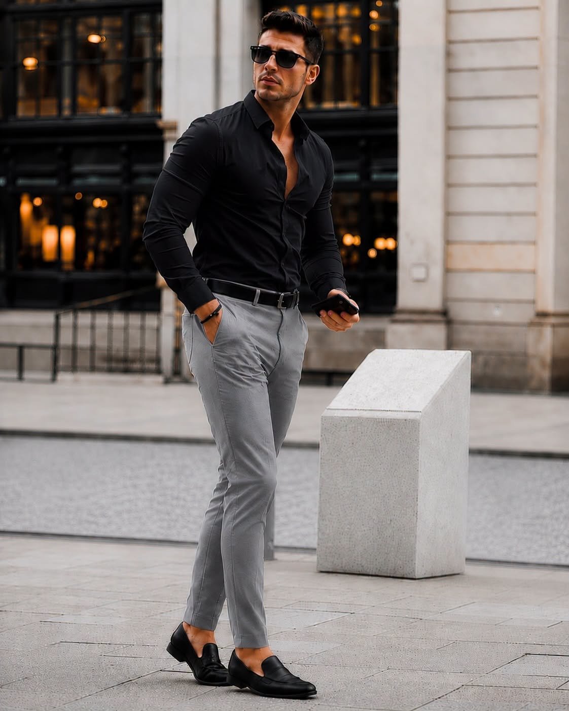 Outfit Premium Smart Casual – Black Shirt & Grey Trousers