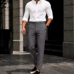 Outfit Premium White Mandarin Shirt & Grey Trousers