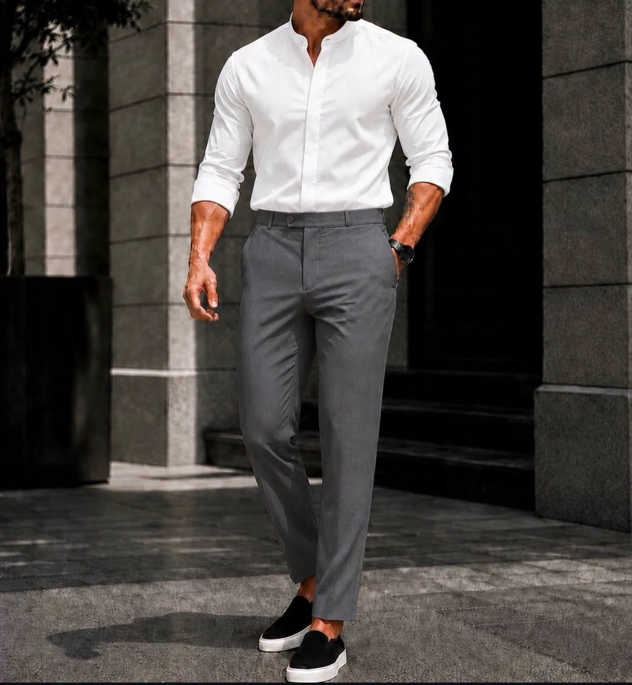 Outfit Premium White Mandarin Shirt & Grey Trousers