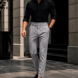 Outfit Premium Smart Casual – Black Shirt & Grey Pleated Trousers